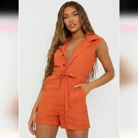 Pretty Little Things Rust Sleeveless Button Front Utility Romper - Picture 2 of 8